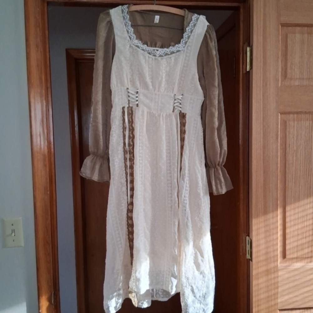 Boho Lace Overlay Dress with Sheer Brown Sleeves